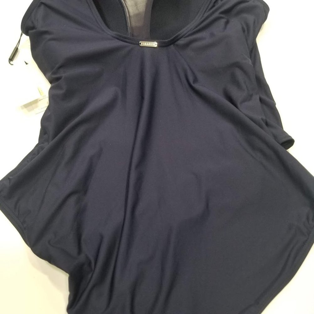 Calvin Klein Mesh Surplice Tummy Control One Piece Swimsuit Navy - Picture 9 of 13